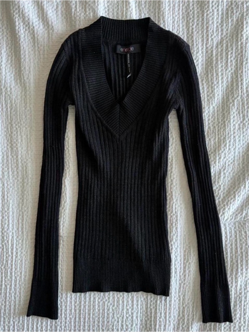Energie Black Ribbed V-Neck Slim Fit Top